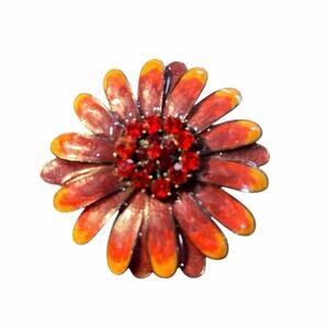 Vintage Red Orange Flower Brooch Pendant Rhinestone Enamel Statement Pin